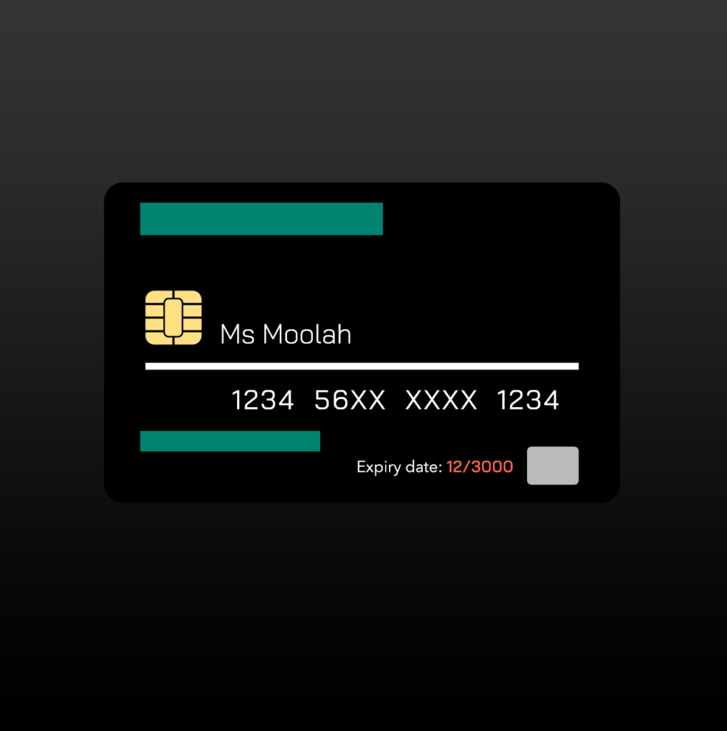 Front side of Ms. Moolah's credit card where all four corners of the card are visible for the account verification