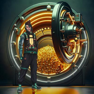 Spin Doctor in front of a vault filled with gold