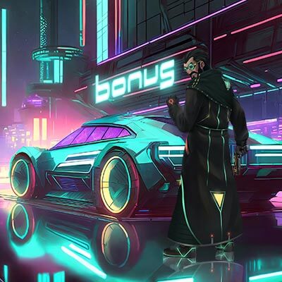 Spade in front of a cyber car, and behind a building with a neon bonus sign