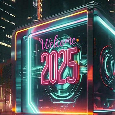 Welcome 2025 in pink letters in a transparent box