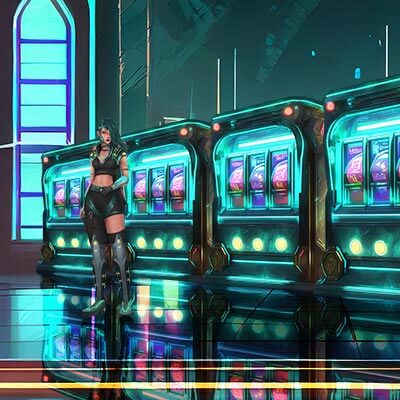 Various cyberpunk styled slot machines next to each other