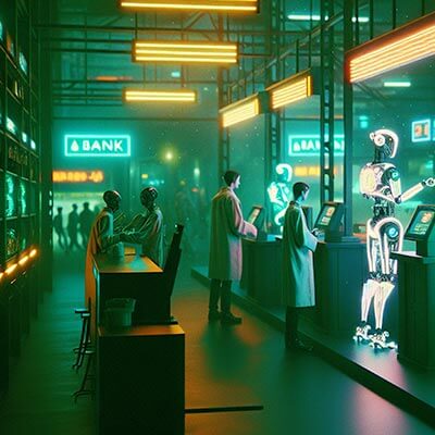 Futuristic neon-lit bank scene with humanoid robots assisting customers at ATMs, symbolizing advanced AI and digital transactions in a cyberpunk setting.